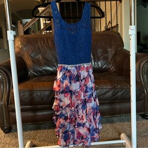Emily West Girls Size 16 Blue Pink Lace Ruffle Sleeveless Embellished Dress